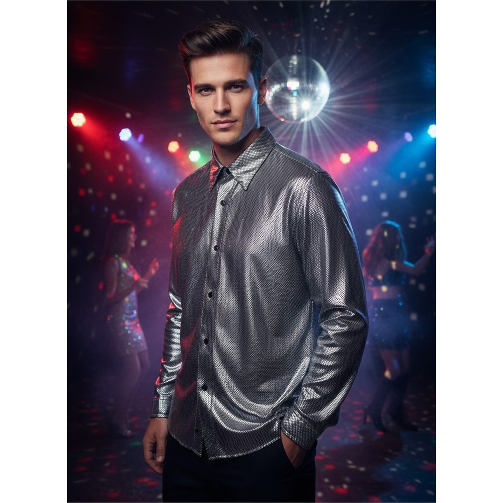 Charades Shirt Adult L Silver Metallic The Nail Head Disco Shirt Events New Year